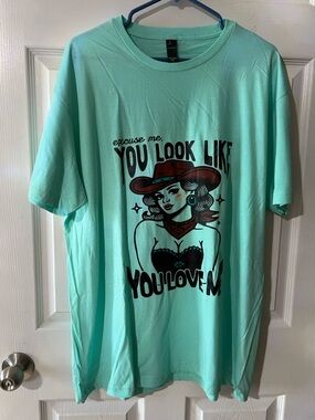Aqua Graphic Cowgirl Tee - Bold Black & Brown Print